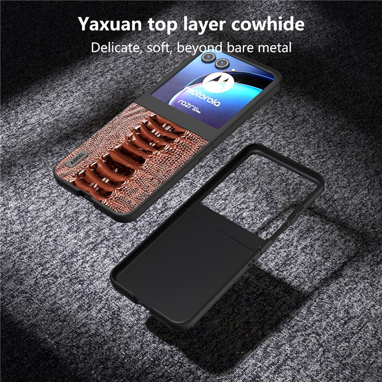 ABEEL For Motorola Razr 50 5G Case Genuine Cow Leather+PC Hard Phone Cover Crocodile Texture - Coffee