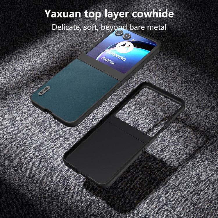 ABEEL For Motorola Razr 50 5G Case Genuine Cow Leather+PC Folding Phone Cover - Green