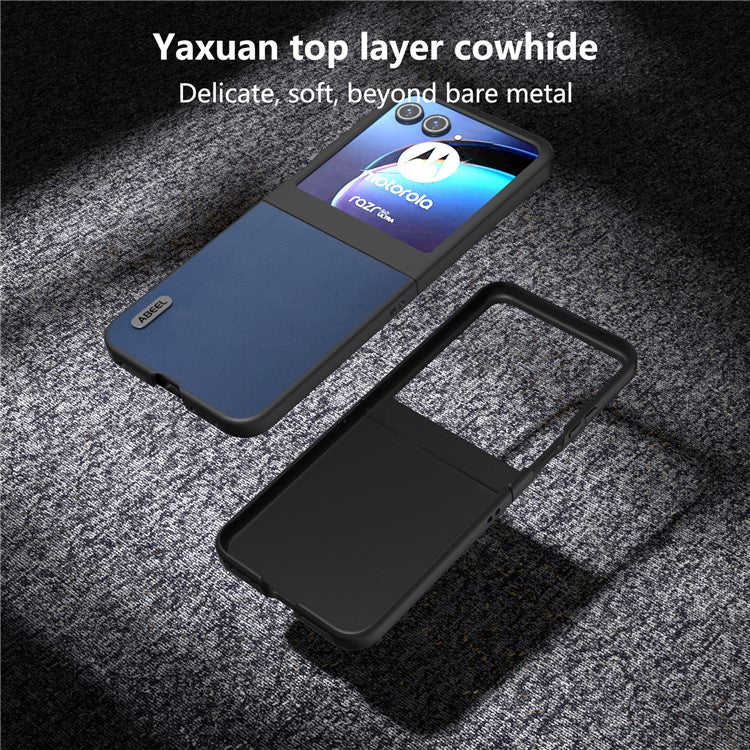 ABEEL For Motorola Razr 50 5G Case Genuine Cow Leather+PC Folding Phone Cover - Blue