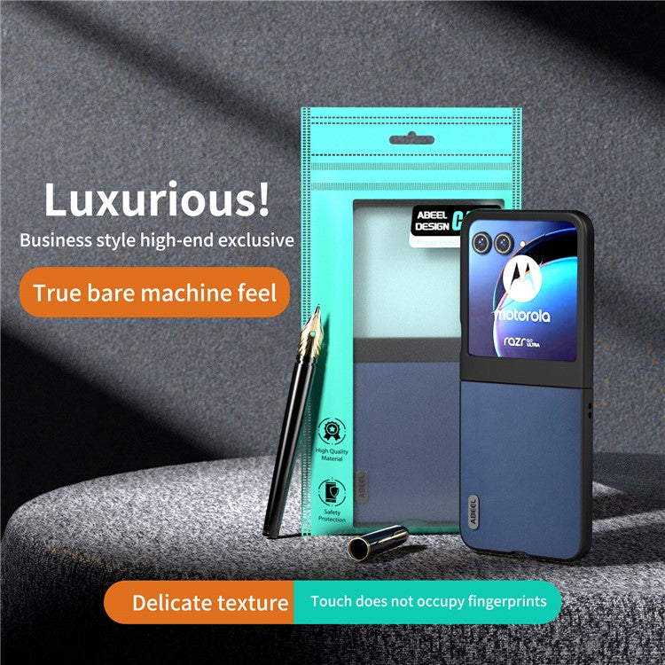 ABEEL For Motorola Razr 50 5G Case Genuine Cow Leather+PC Folding Phone Cover - Blue