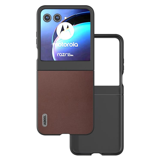 ABEEL For Motorola Razr 50 5G Case Genuine Cow Leather+PC Folding Phone Cover - Coffee