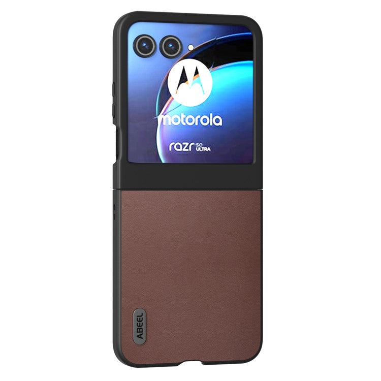 ABEEL For Motorola Razr 50 5G Case Genuine Cow Leather+PC Folding Phone Cover - Coffee
