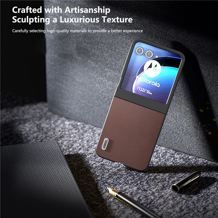ABEEL For Motorola Razr 50 5G Case Genuine Cow Leather+PC Folding Phone Cover - Coffee