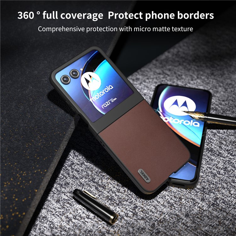 ABEEL For Motorola Razr 50 5G Case Genuine Cow Leather+PC Folding Phone Cover - Coffee