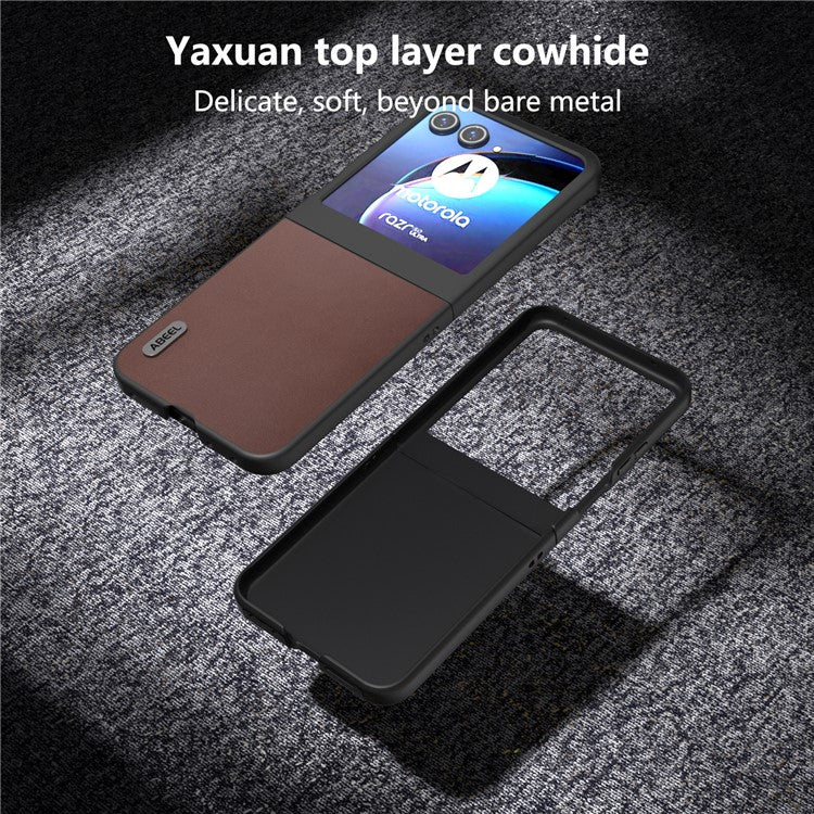 ABEEL For Motorola Razr 50 5G Case Genuine Cow Leather+PC Folding Phone Cover - Coffee
