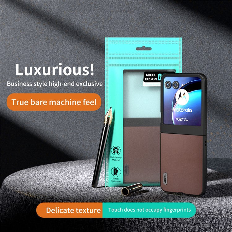 ABEEL For Motorola Razr 50 5G Case Genuine Cow Leather+PC Folding Phone Cover - Coffee