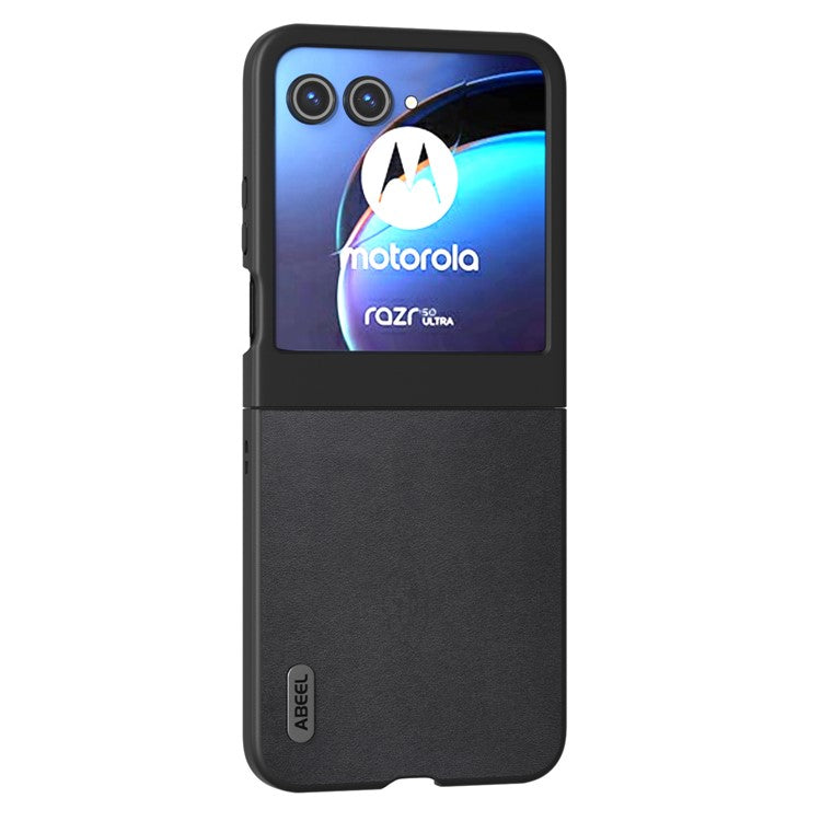 ABEEL For Motorola Razr 50 5G Case Genuine Cow Leather+PC Folding Phone Cover - Black