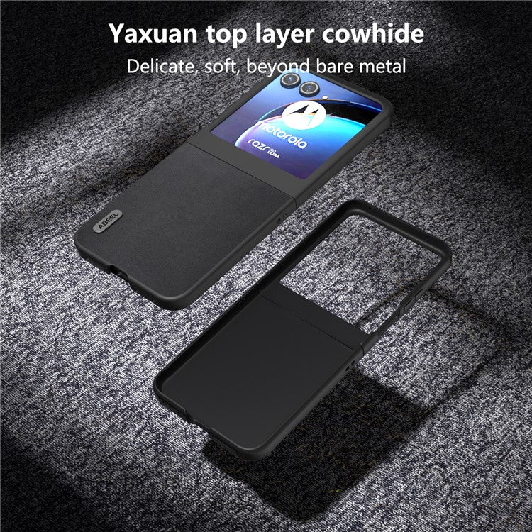 ABEEL For Motorola Razr 50 5G Case Genuine Cow Leather+PC Folding Phone Cover - Black