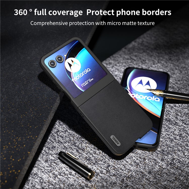 ABEEL For Motorola Razr 50 5G Case Genuine Cow Leather+PC Folding Phone Cover - Black