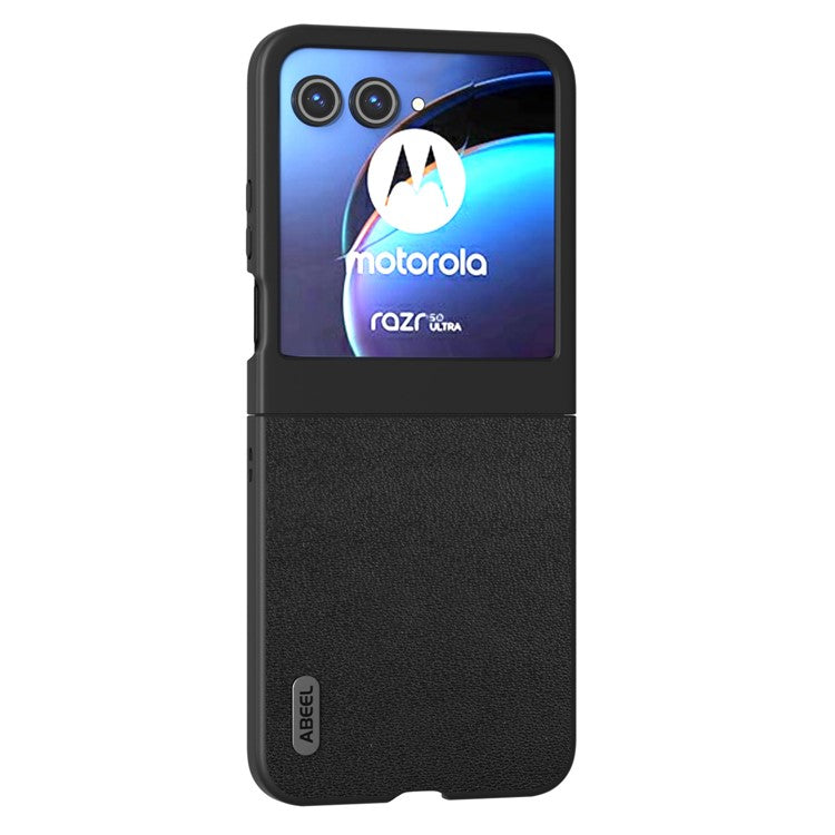 ABEEL For Motorola Razr 50 5G Case Genuine Cow Leather Coated PC Phone Cover - Black