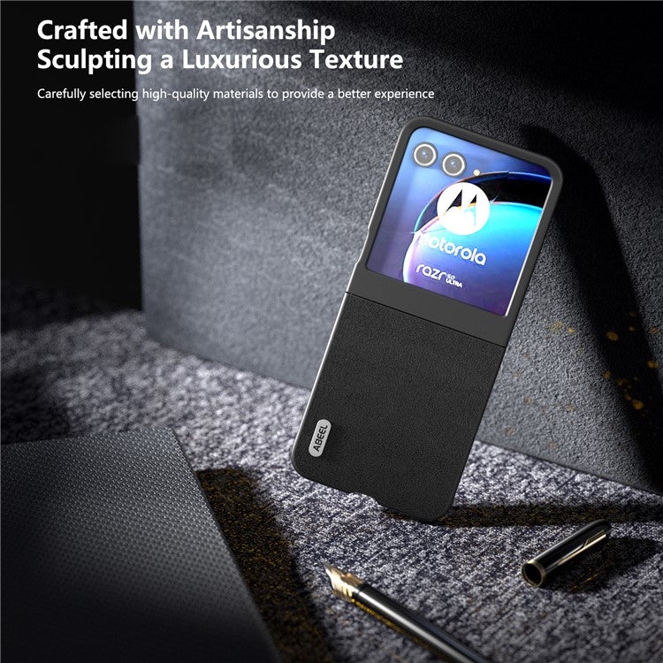 ABEEL For Motorola Razr 50 5G Case Genuine Cow Leather Coated PC Phone Cover - Black