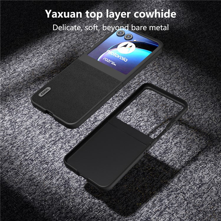 ABEEL For Motorola Razr 50 5G Case Genuine Cow Leather Coated PC Phone Cover - Black