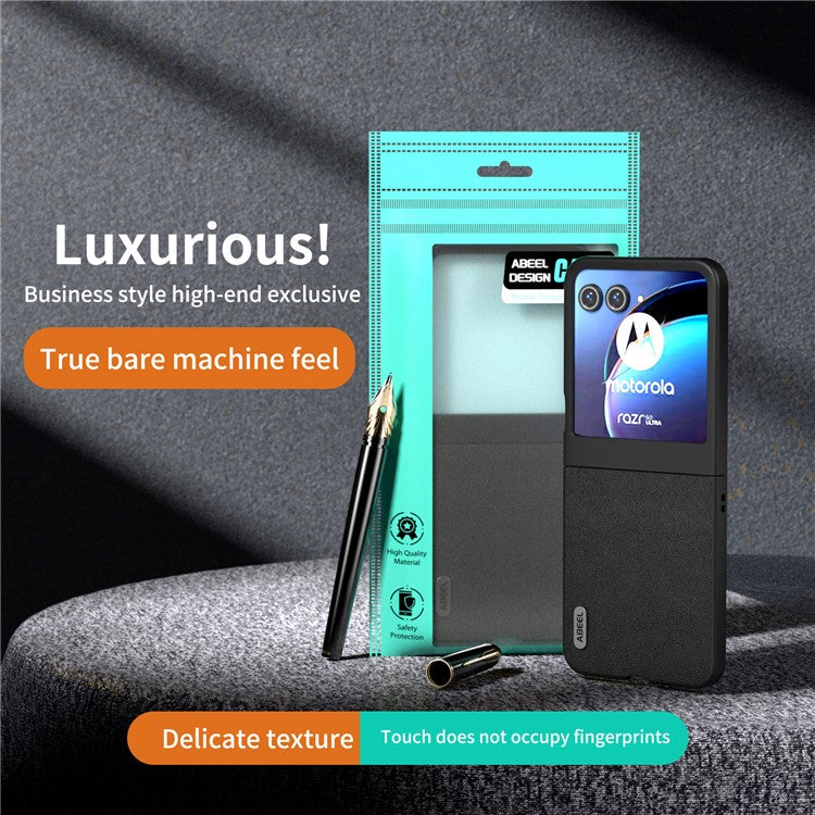 ABEEL For Motorola Razr 50 5G Case Genuine Cow Leather Coated PC Phone Cover - Black