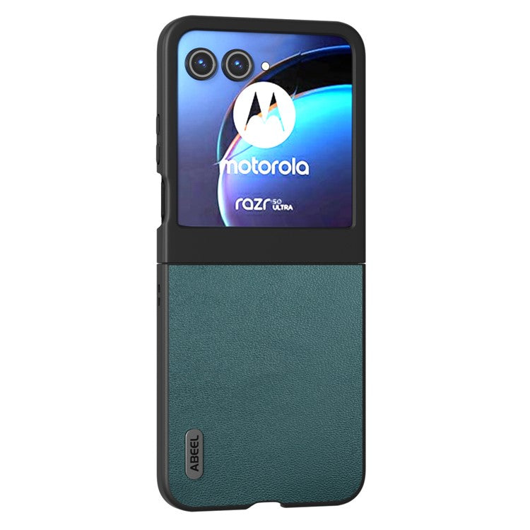 ABEEL For Motorola Razr 50 5G Case Genuine Cow Leather Coated PC Phone Cover - Midnight Green