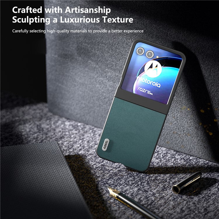 ABEEL For Motorola Razr 50 5G Case Genuine Cow Leather Coated PC Phone Cover - Midnight Green