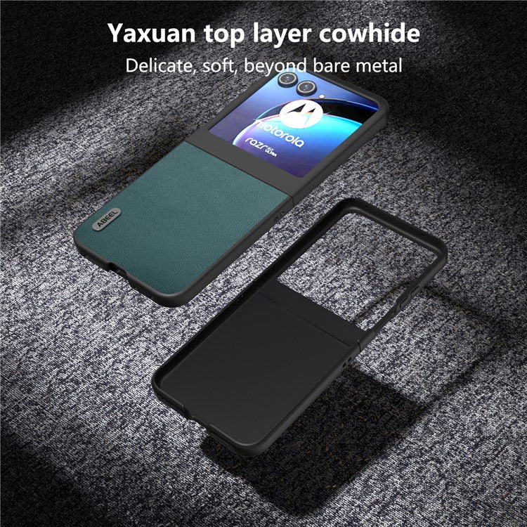 ABEEL For Motorola Razr 50 5G Case Genuine Cow Leather Coated PC Phone Cover - Midnight Green
