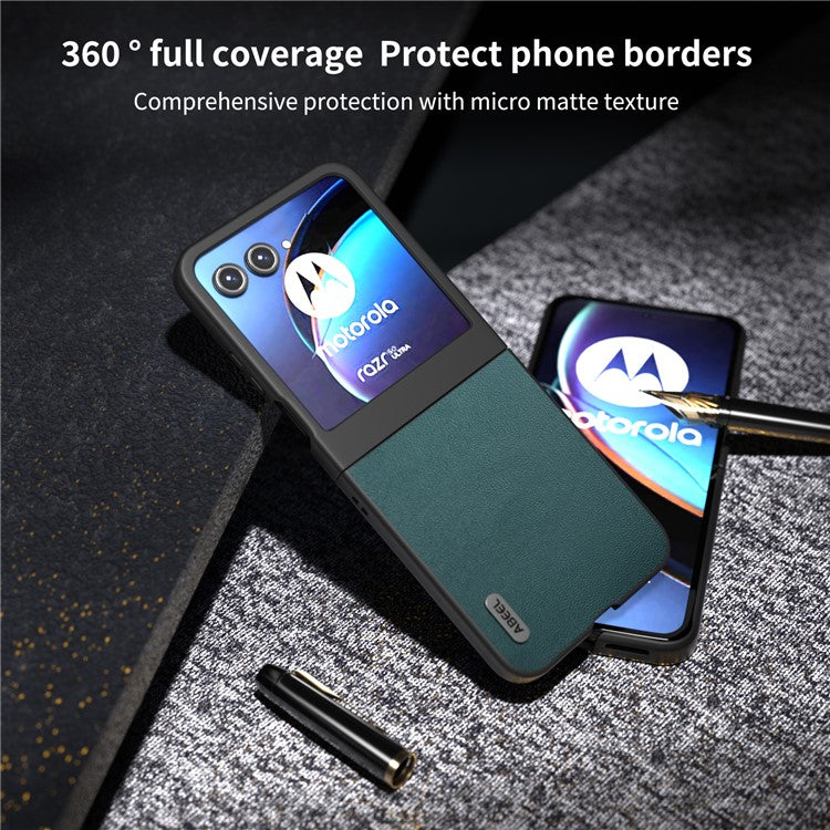 ABEEL For Motorola Razr 50 5G Case Genuine Cow Leather Coated PC Phone Cover - Midnight Green