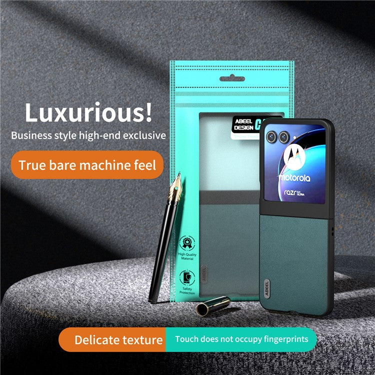 ABEEL For Motorola Razr 50 5G Case Genuine Cow Leather Coated PC Phone Cover - Midnight Green