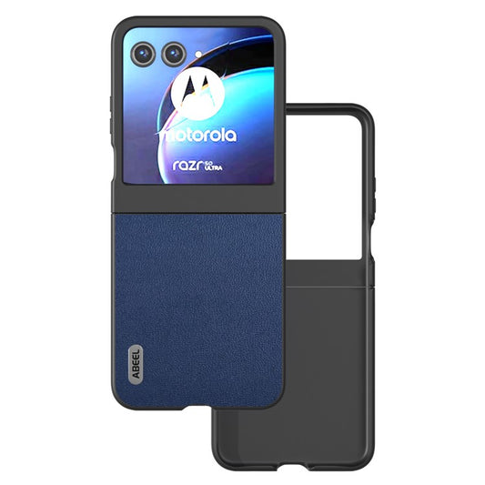 ABEEL For Motorola Razr 50 5G Case Genuine Cow Leather Coated PC Phone Cover - Blue