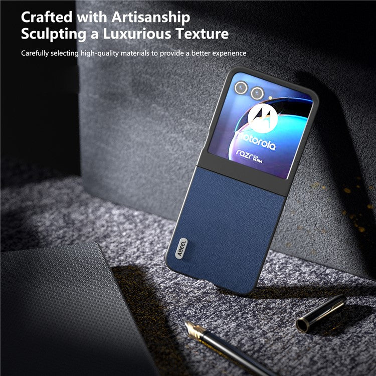 ABEEL For Motorola Razr 50 5G Case Genuine Cow Leather Coated PC Phone Cover - Blue