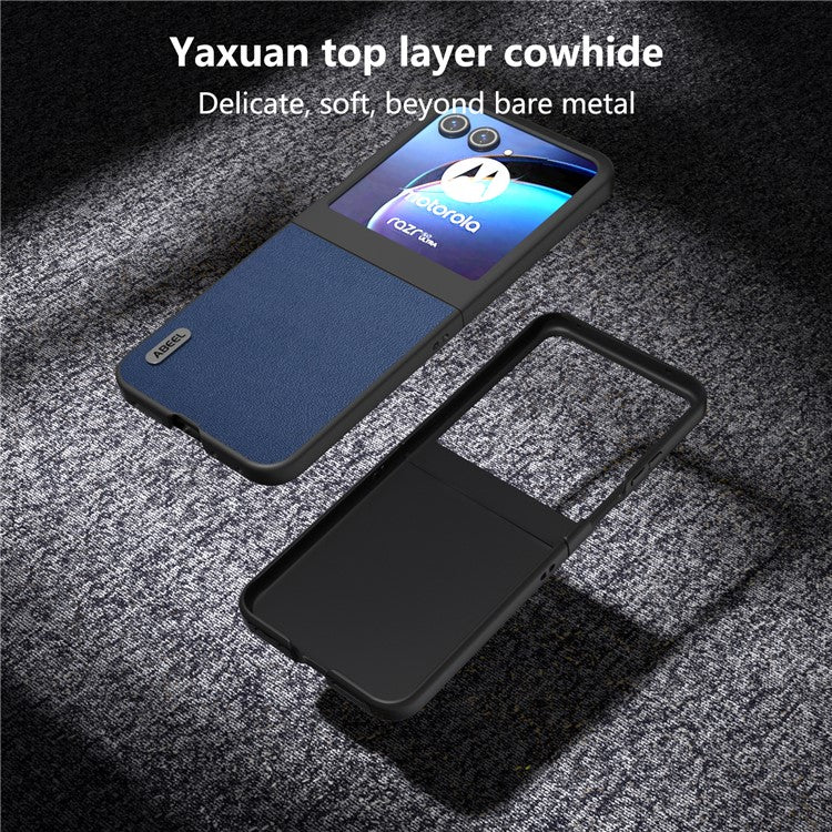 ABEEL For Motorola Razr 50 5G Case Genuine Cow Leather Coated PC Phone Cover - Blue