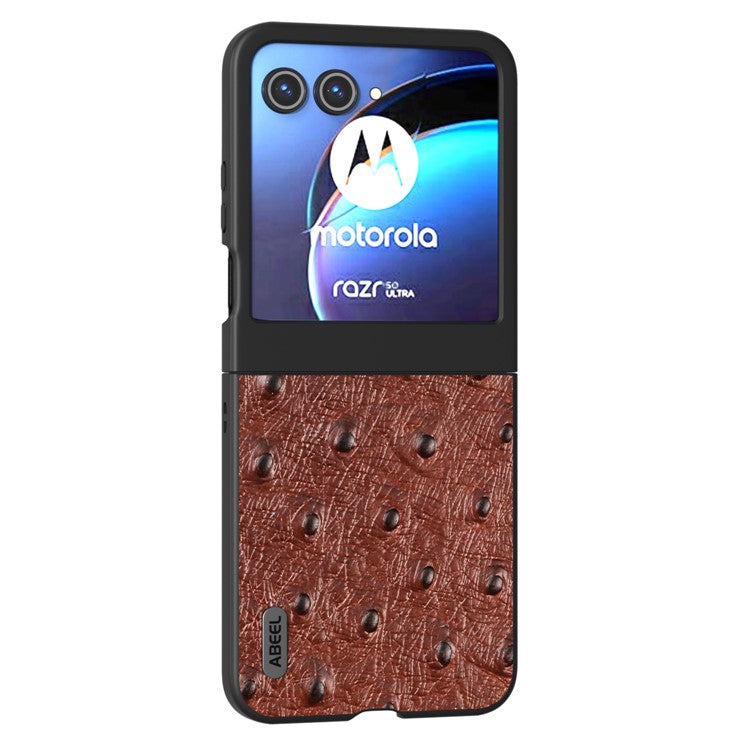 ABEEL For Motorola Razr 50 5G Case Ostrich Texture Genuine Cow Leather+PC Phone Cover - Coffee