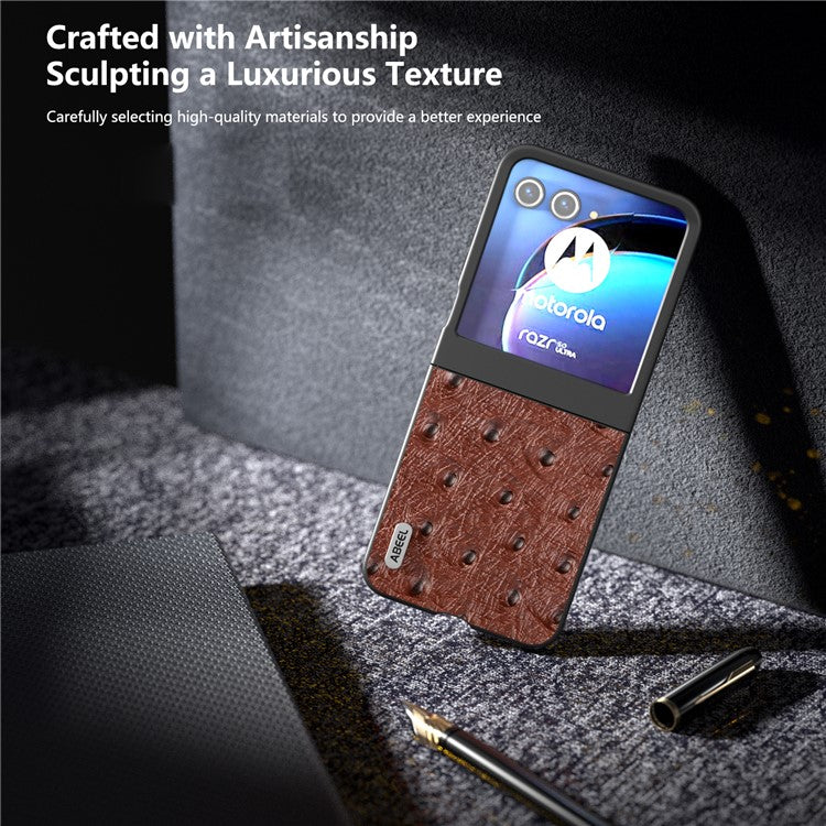 ABEEL For Motorola Razr 50 5G Case Ostrich Texture Genuine Cow Leather+PC Phone Cover - Coffee