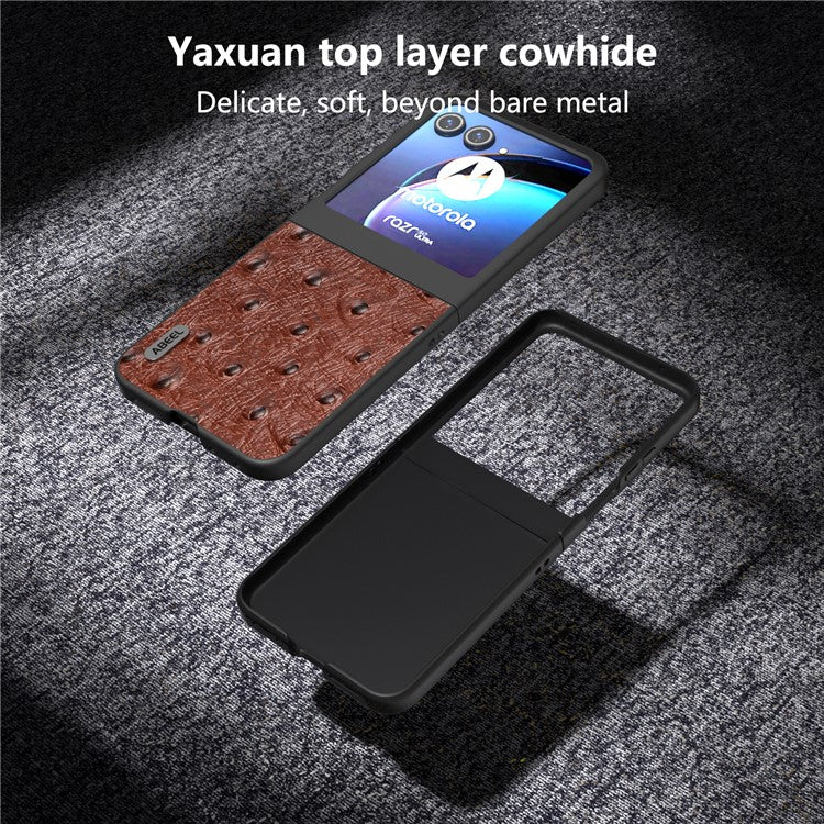 ABEEL For Motorola Razr 50 5G Case Ostrich Texture Genuine Cow Leather+PC Phone Cover - Coffee