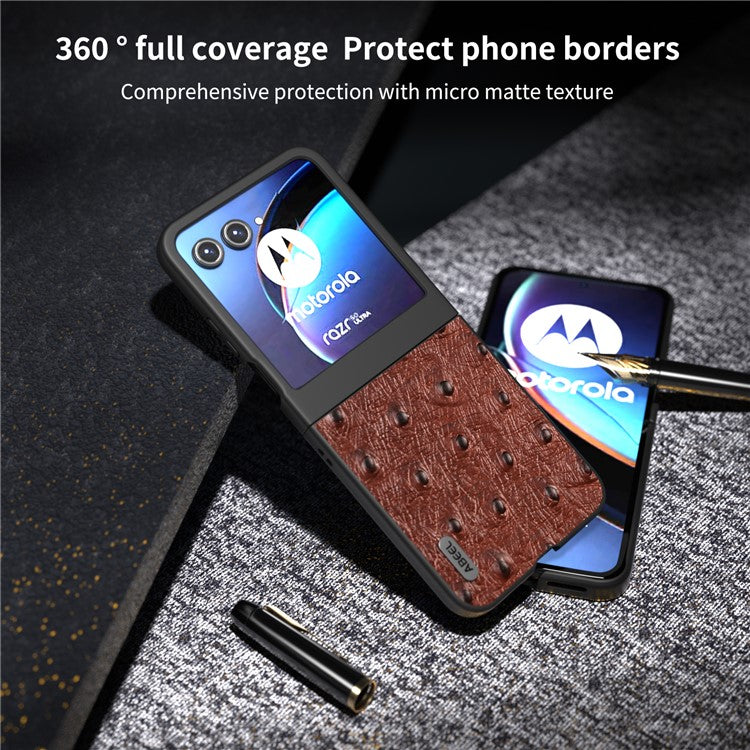 ABEEL For Motorola Razr 50 5G Case Ostrich Texture Genuine Cow Leather+PC Phone Cover - Coffee