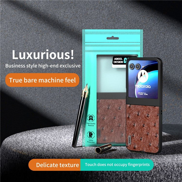 ABEEL For Motorola Razr 50 5G Case Ostrich Texture Genuine Cow Leather+PC Phone Cover - Coffee