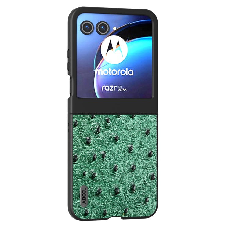 ABEEL For Motorola Razr 50 5G Case Ostrich Texture Genuine Cow Leather+PC Phone Cover - Green