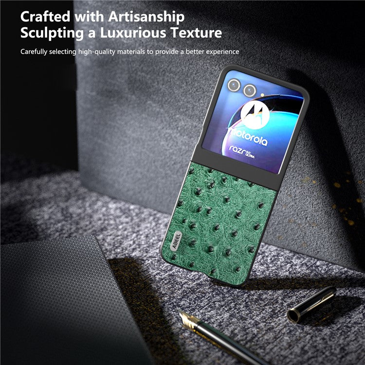 ABEEL For Motorola Razr 50 5G Case Ostrich Texture Genuine Cow Leather+PC Phone Cover - Green