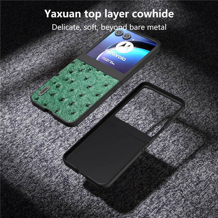 ABEEL For Motorola Razr 50 5G Case Ostrich Texture Genuine Cow Leather+PC Phone Cover - Green