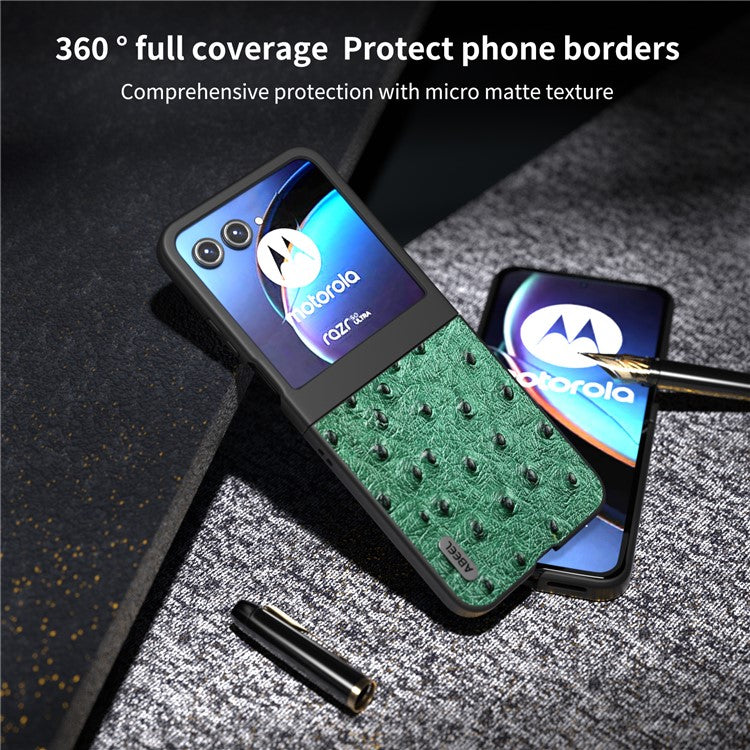 ABEEL For Motorola Razr 50 5G Case Ostrich Texture Genuine Cow Leather+PC Phone Cover - Green