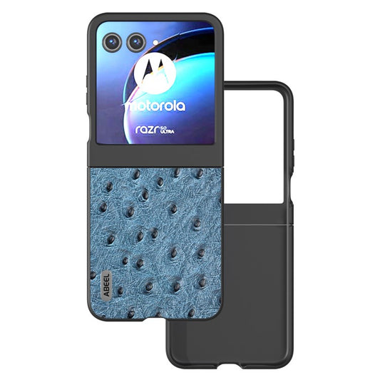 ABEEL For Motorola Razr 50 5G Case Ostrich Texture Genuine Cow Leather+PC Phone Cover - Blue