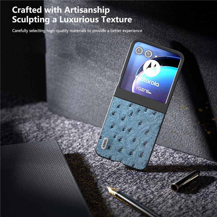 ABEEL For Motorola Razr 50 5G Case Ostrich Texture Genuine Cow Leather+PC Phone Cover - Blue