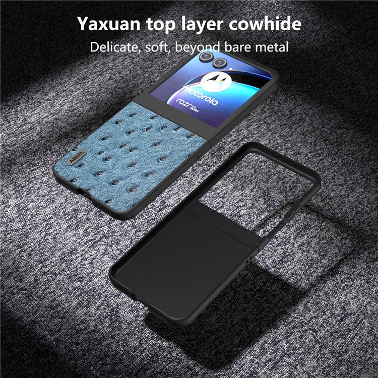 ABEEL For Motorola Razr 50 5G Case Ostrich Texture Genuine Cow Leather+PC Phone Cover - Blue