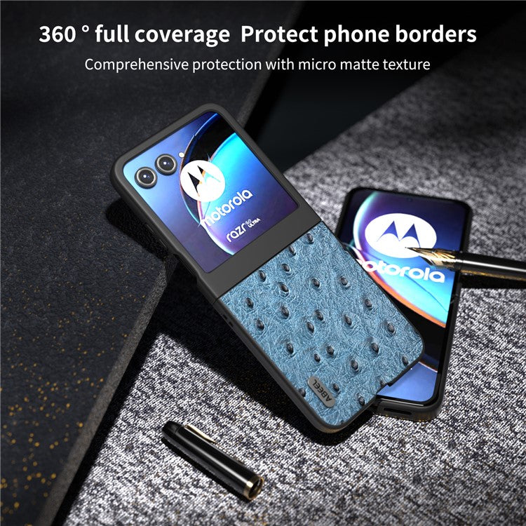 ABEEL For Motorola Razr 50 5G Case Ostrich Texture Genuine Cow Leather+PC Phone Cover - Blue
