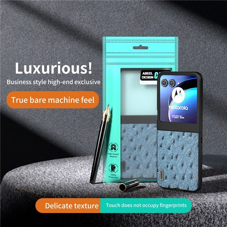 ABEEL For Motorola Razr 50 5G Case Ostrich Texture Genuine Cow Leather+PC Phone Cover - Blue