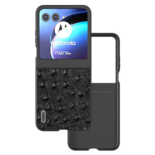 ABEEL For Motorola Razr 50 5G Case Ostrich Texture Genuine Cow Leather+PC Phone Cover - Black