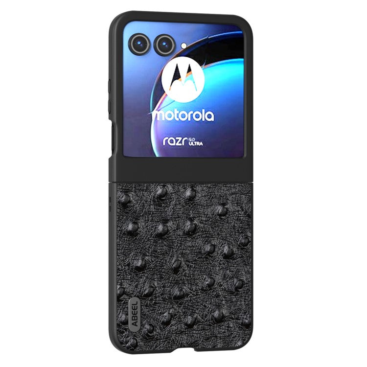 ABEEL For Motorola Razr 50 5G Case Ostrich Texture Genuine Cow Leather+PC Phone Cover - Black
