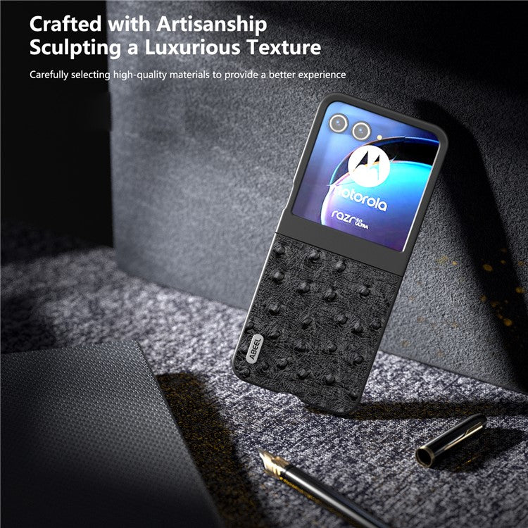 ABEEL For Motorola Razr 50 5G Case Ostrich Texture Genuine Cow Leather+PC Phone Cover - Black