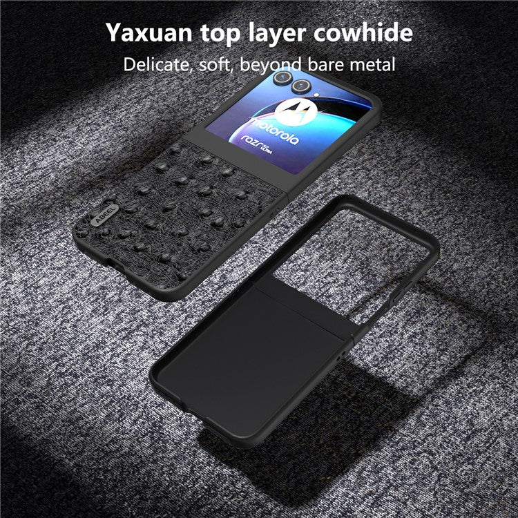 ABEEL For Motorola Razr 50 5G Case Ostrich Texture Genuine Cow Leather+PC Phone Cover - Black