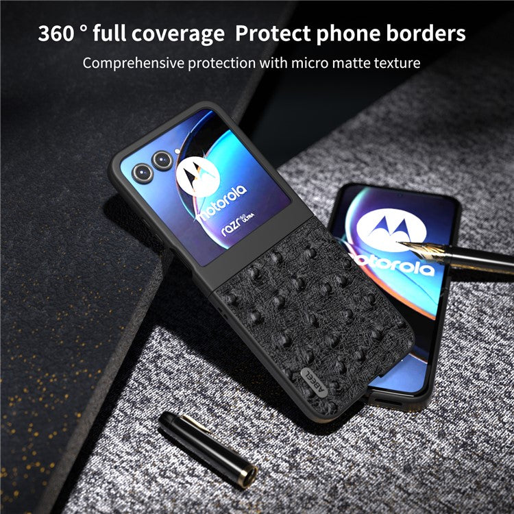 ABEEL For Motorola Razr 50 5G Case Ostrich Texture Genuine Cow Leather+PC Phone Cover - Black