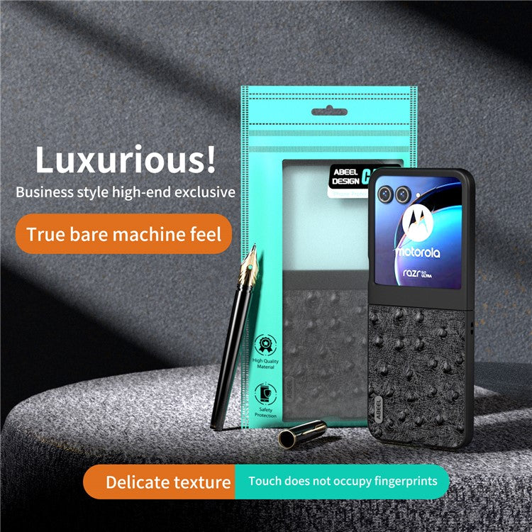 ABEEL For Motorola Razr 50 5G Case Ostrich Texture Genuine Cow Leather+PC Phone Cover - Black