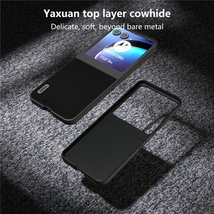 ABEEL For Motorola Razr 50 5G Case Wave Texture Genuine Cow Leather Coated PC Phone Cover - Black