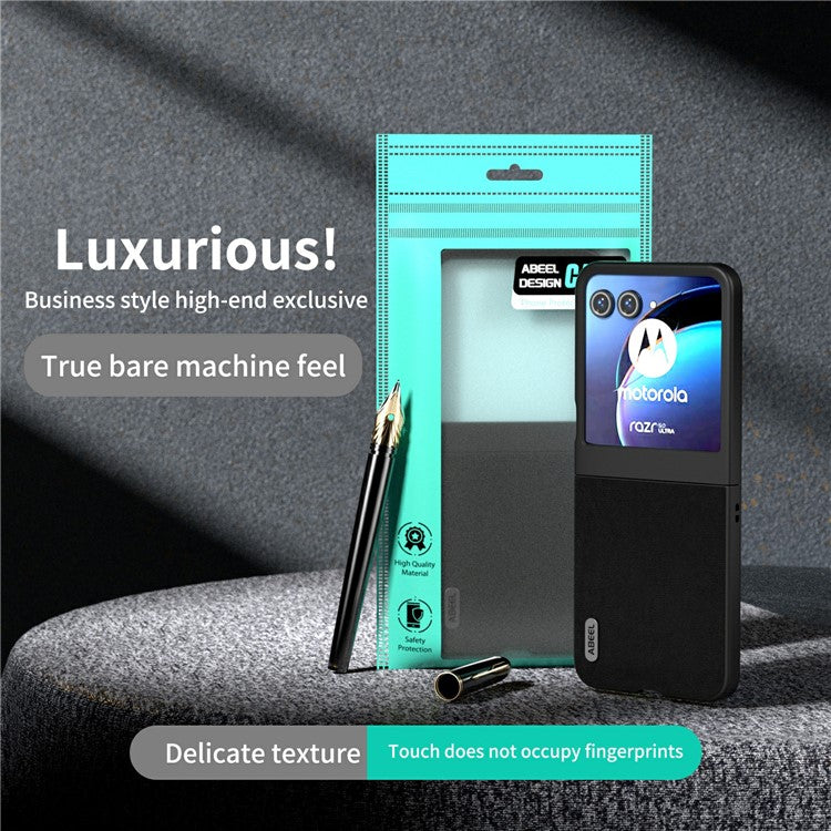 ABEEL For Motorola Razr 50 5G Case Wave Texture Genuine Cow Leather Coated PC Phone Cover - Black