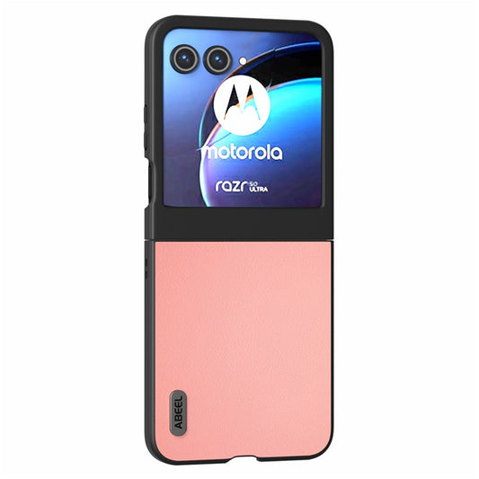 ABEEL For Motorola Razr 50 5G Case Wave Texture Genuine Cow Leather Coated PC Phone Cover - Pink