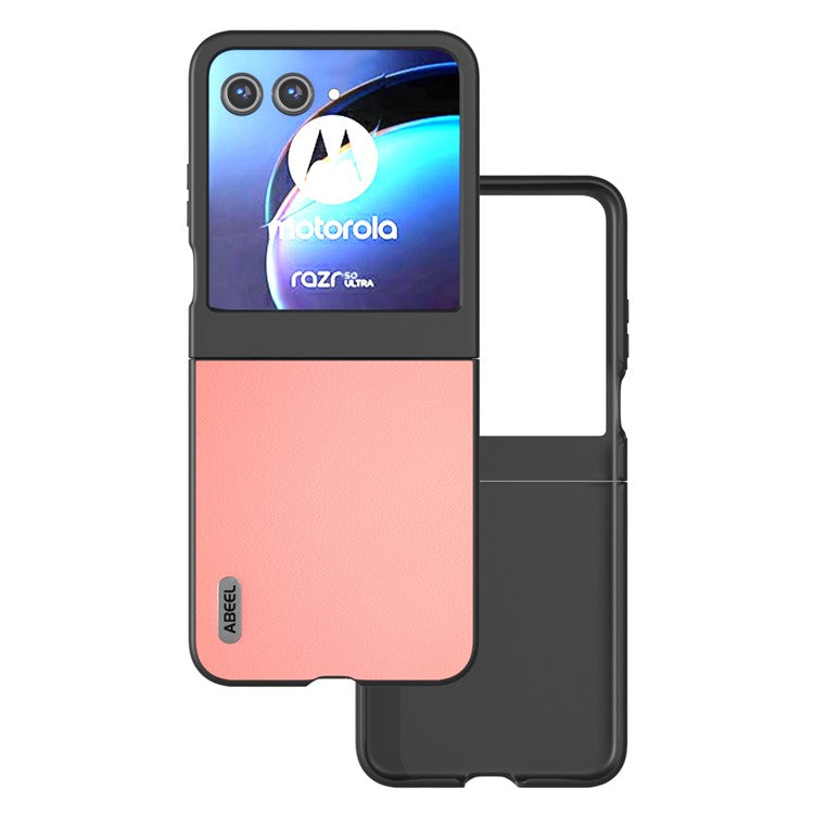 ABEEL For Motorola Razr 50 5G Case Wave Texture Genuine Cow Leather Coated PC Phone Cover - Pink