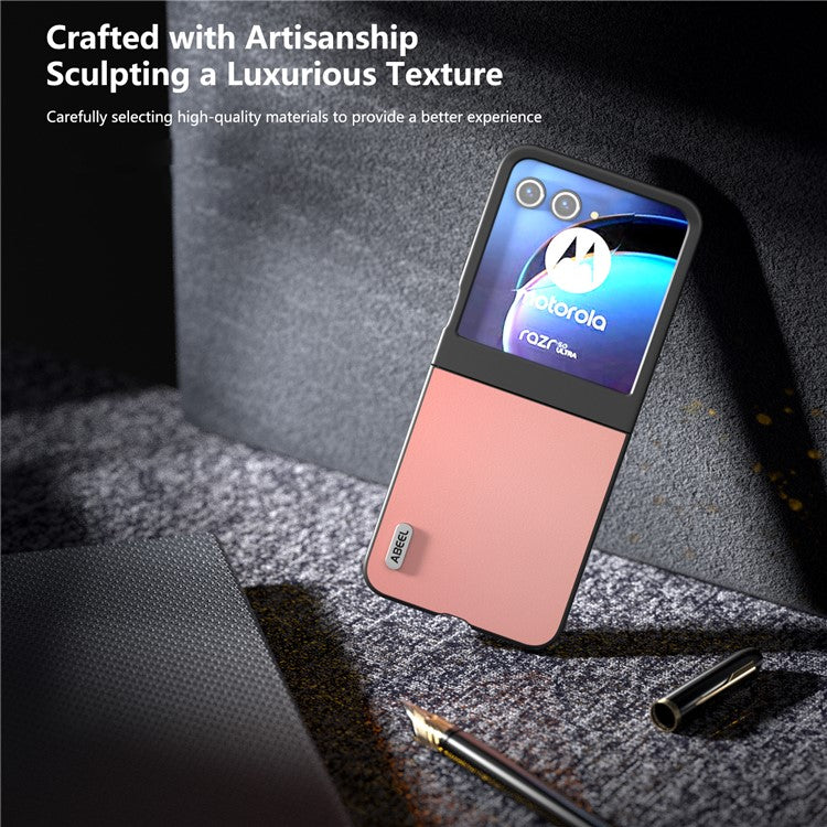 ABEEL For Motorola Razr 50 5G Case Wave Texture Genuine Cow Leather Coated PC Phone Cover - Pink